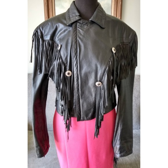 Womans Black Leather Biker Motorcycle Jacket Sz Med Excellent Vtg Fringe Short - Picture 9 of 9